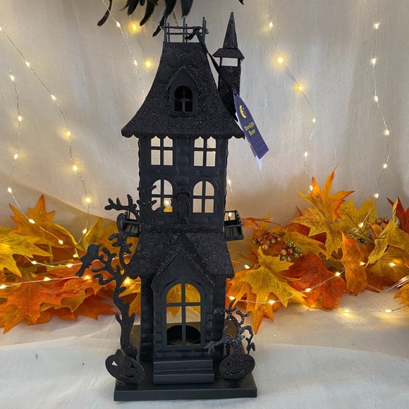 Halloween Black Metal Haunted House CastleTea Light Candle Holder Holders 16"h - Picture 1 of 9